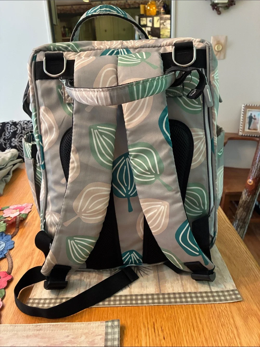 Joofoss Leaf Pattern Backpack in Teal, Sage & Beige